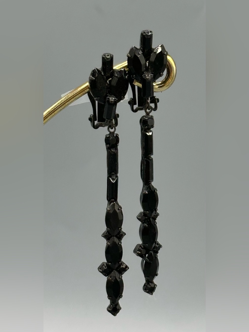 Vintage Jet Black Glass Rhinestone 3” Dangle Clip On Earrings Art Deco Style